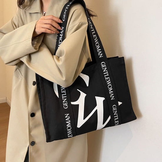Large Letter Printed Canvas Shoulder Bag