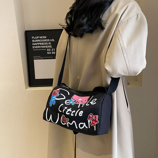 Cartoon Printed Letters Boston Canvas Bag Black color