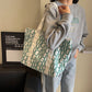 Bagong Printed Casual Large Capacity Tote Shoulder Bag off-white na may berdeng print