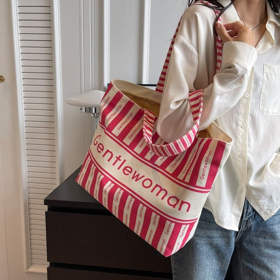 Large Canvas Tote Bag with Zipper Closure Red Striped Print