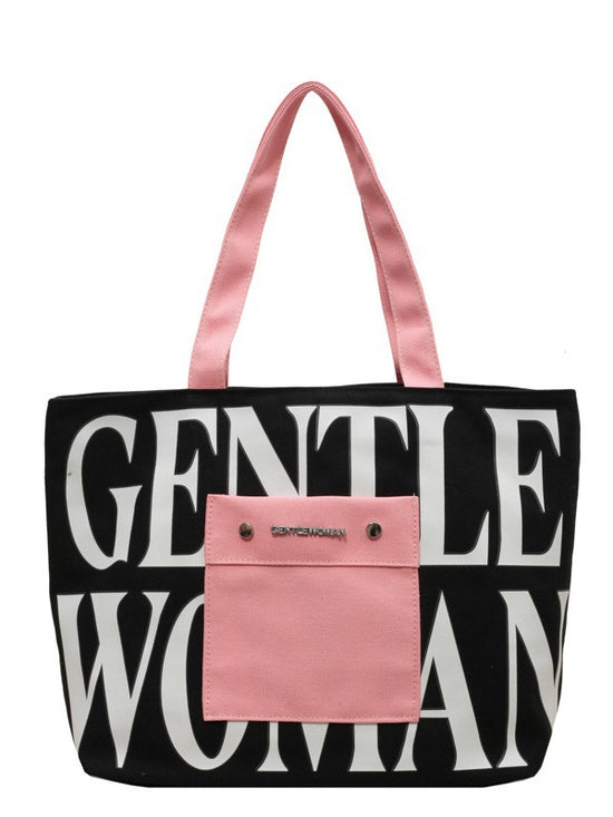 Large Capacity Letter Printed Tote Canvas Handbag Shoulder Bag in black with pink