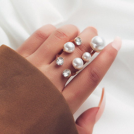 Diamond Geometric Exaggerated Large Pearl Irregular Opening Ring index Finger Ring