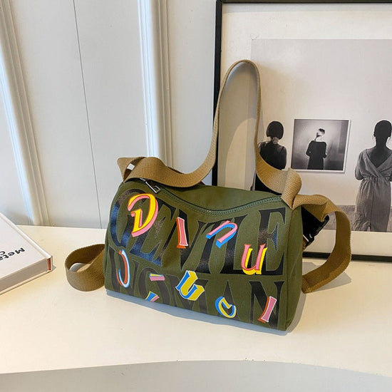 Printed Letters Boston Canvas Bag Green color