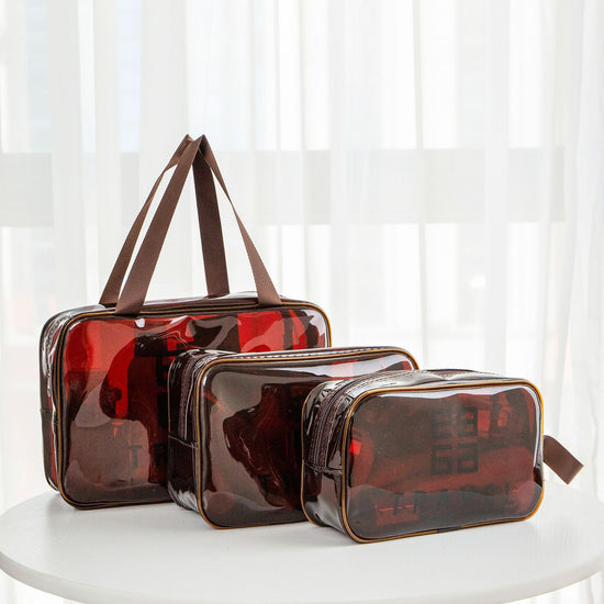 Makeup Pouch, PVC Red Transparent 3-piece Set, Large Capacity, Waterproof