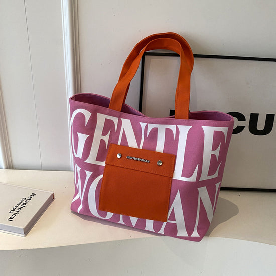 Large Capacity Letter Printed Tote Canvas Handbag Shoulder Bag in rose pink color with red