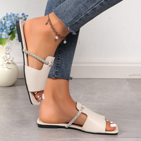 Comfortable Square Toe Rhinestone Detail Slip-On Flat Sandals