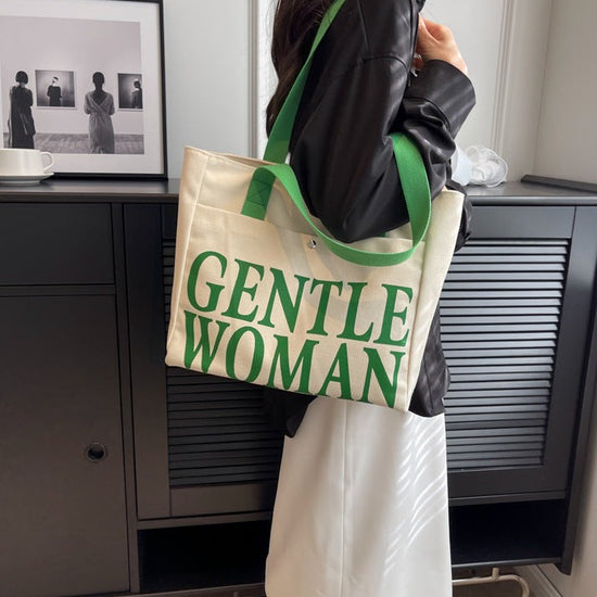 Large Letter Printed Canvas Shoulder Bag Green color Prints & Handle