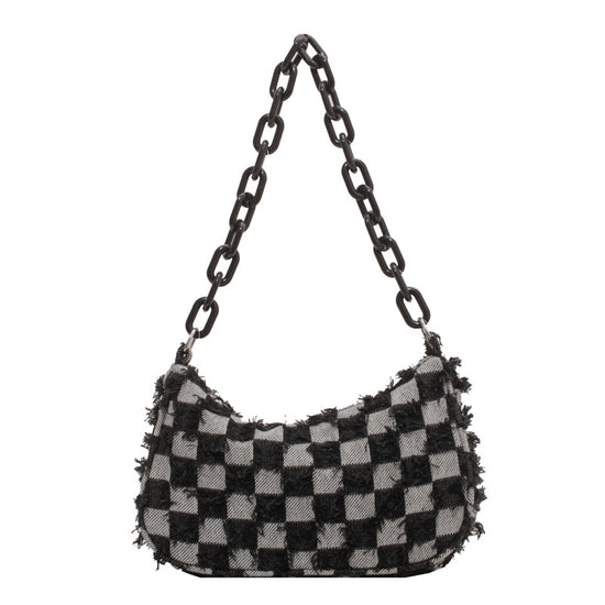 Trendy Denim Checker Chain Shoulder Bag