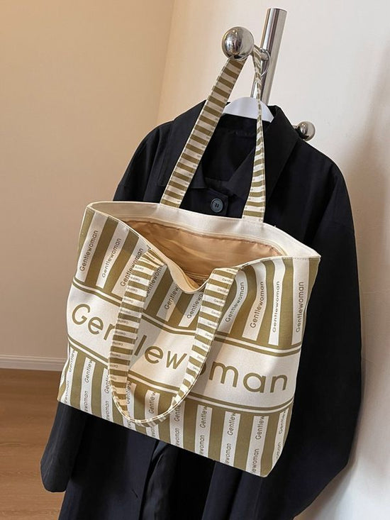 Large Canvas Tote Bag with Zipper Closure Khaki Striped Print