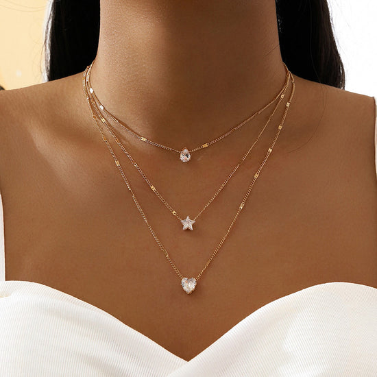 Gold Multi-Layered Five-Pointed Star Love Water Drop Pendant Retro Necklace Clavicle Chain