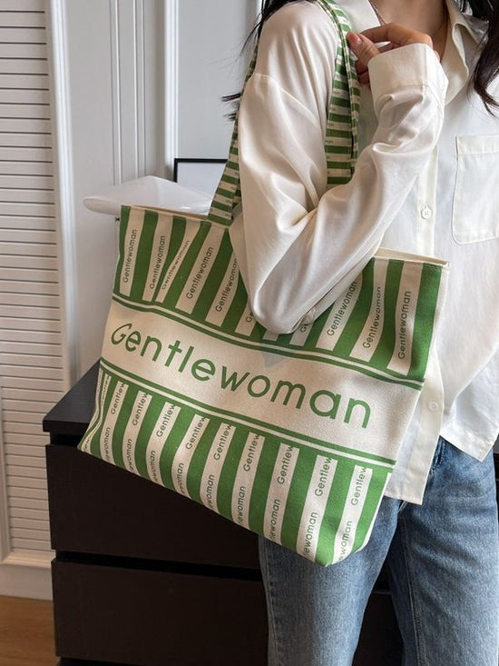 Green Striped Print Large Canvas Tote Bag with Zipper Closure