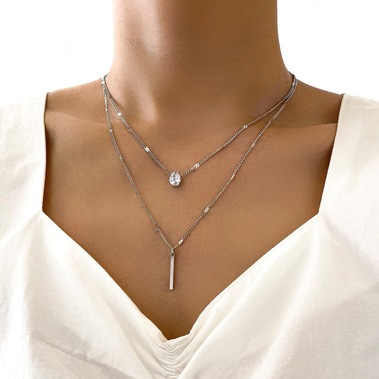 Silver Double-Layer Drop-Shaped Small Diamond Long Tassel Pendant 2 Necklace Set