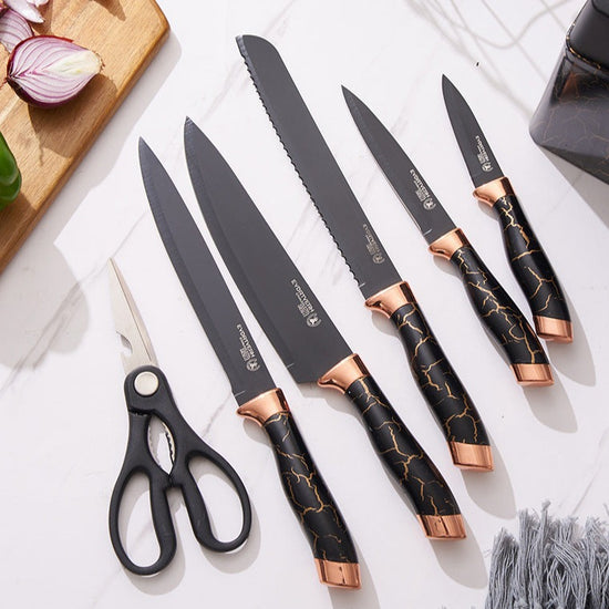 7pcs Kitchen Chef Knife Set Stainless Steel Carving Cheese Pizza Black Marble Coating Knife with Holder