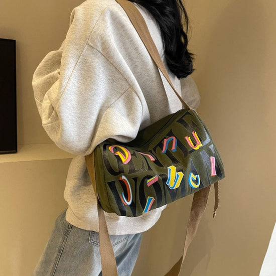 Cartoon Printed Letters Boston Canvas Bag Kulay berde