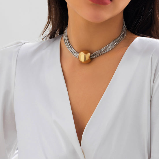 Golden Ball with Silver Twisted Chain Necklace 12 Layers