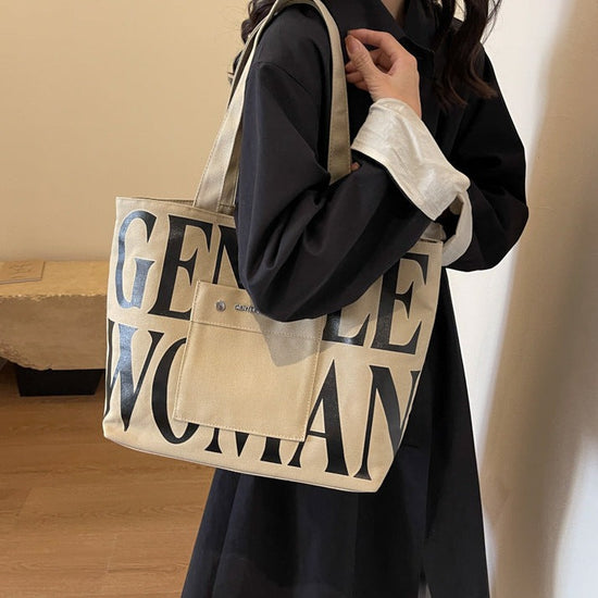 Khaki Large Capacity Letter Printed Tote Canvas Handbag Shoulder Bag
