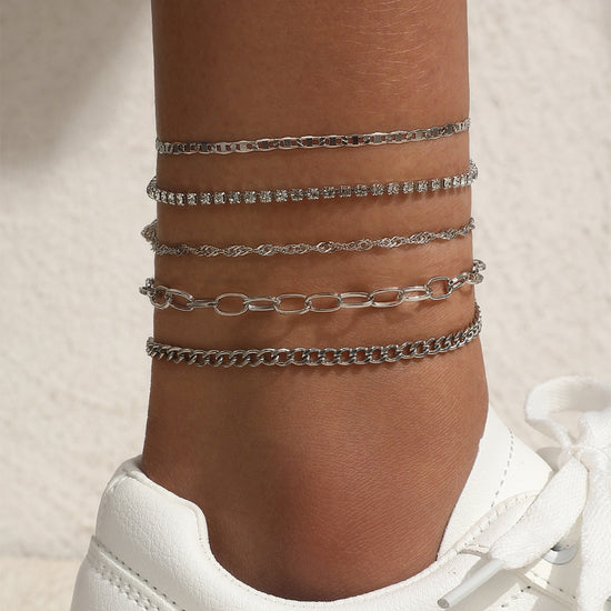 Trendy Silver Anklet 5 Piece Set