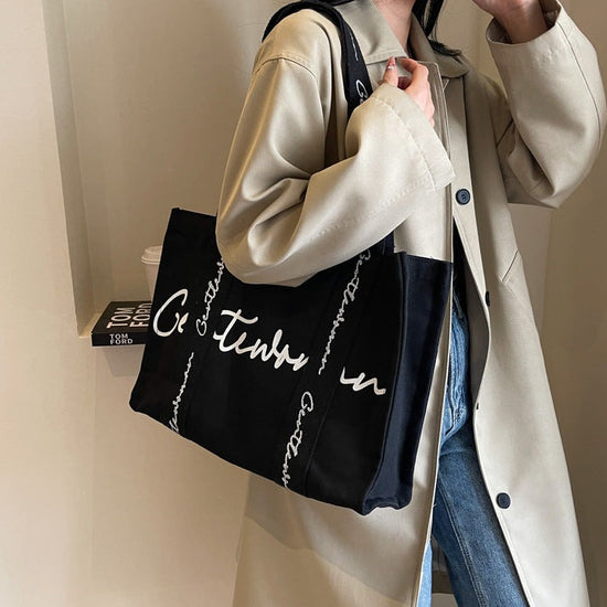 Large Letter Printed Canvas Shoulder Bag Black color