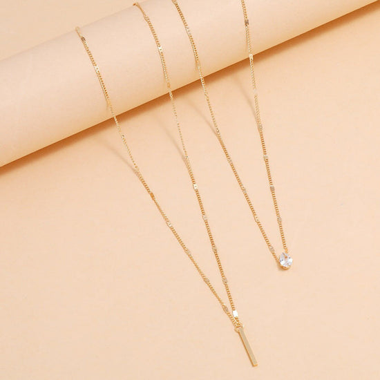 Gold Double-Layer Drop-Shaped Small Diamond Long Tassel Pendant 2 Necklace Set