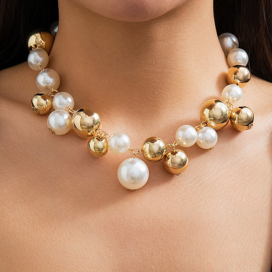 Gold Plated White Chunky Pearl Chain Choker Necklace