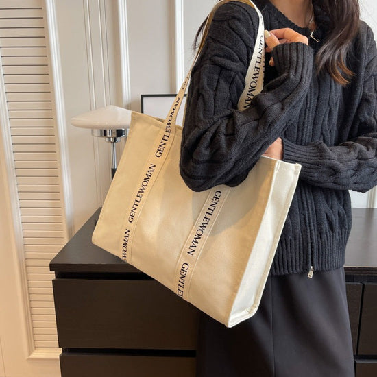 Letter Printed Tote Canvas Shoulder Bag Large Size in off-white color