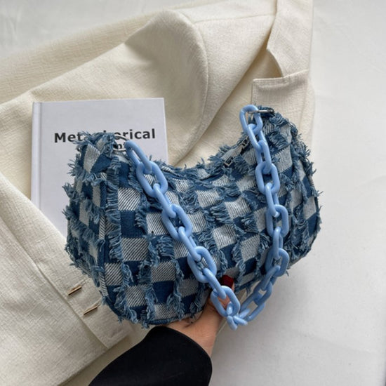 Trendy Denim Checker Chain Shoulder Bag