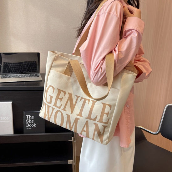 Large Letter Printed Canvas Shoulder Bag Khaki color Prints & Handle