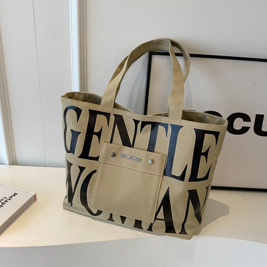 Khaki Large Capacity Letter Printed Tote Canvas Handbag Shoulder Bag