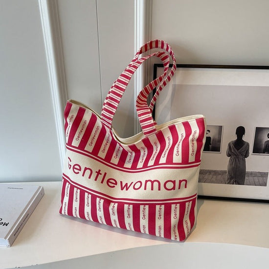 Large Canvas Tote Bag with Zipper Closure Red Striped Print