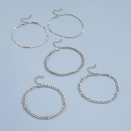 Trendy Silver Anklet 5 Piece Set