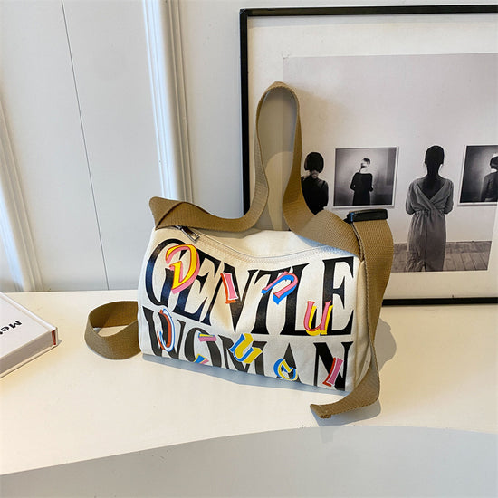 Printed Letters Boston Canvas Bag off-white color