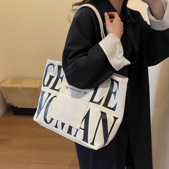 Large Capacity Letter Printed Tote Canvas Handbag Shoulder Bag off white