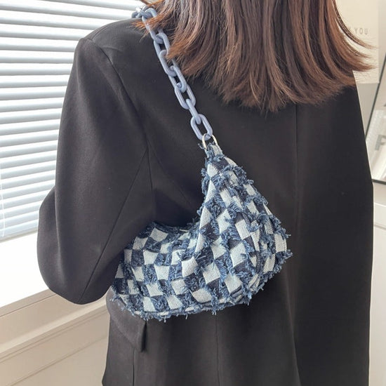 Trendy Denim Checkerboard Chain Shoulder Bag