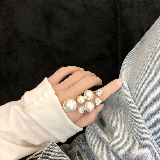 Diamond Geometric Exaggerated Large Pearl Irregular Opening Ring index Finger Ring