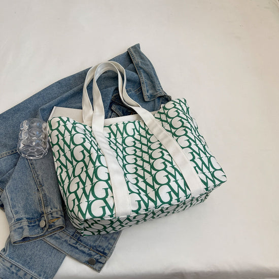 New Printed Casual Large Capacity Tote Shoulder Bag off-white with green print
