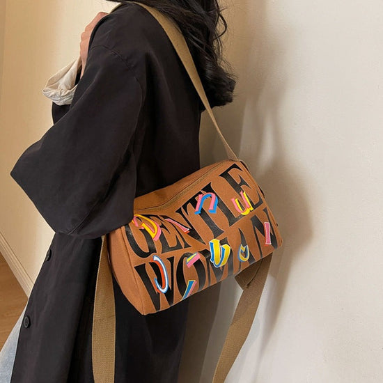 Printed Letters Boston Canvas Bag Brown color