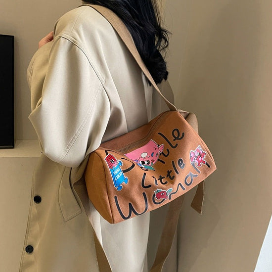 Cartoon Printed Letters Boston Canvas Bag Brown color