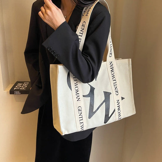 Large Letter Printed Canvas Shoulder Bag off-white color