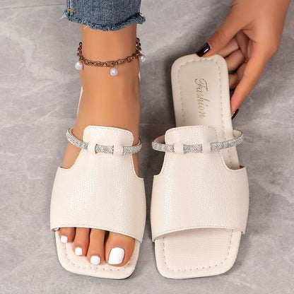 Comfortable Square Toe Rhinestone Detail Slip-On Flat Sandals