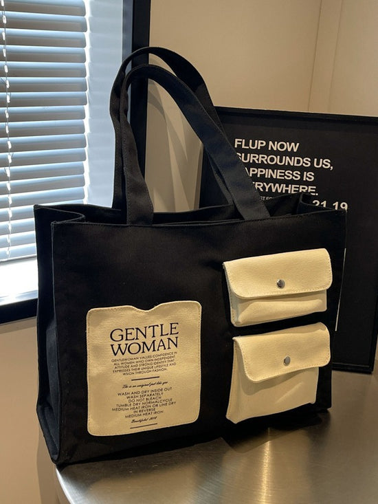 Black Multi-Pocket Large Canvas Bag with khaki pockets