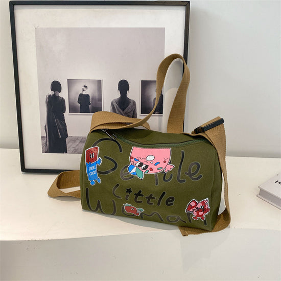 Cartoon Printed Letters Boston Canvas Bag Kulay berde