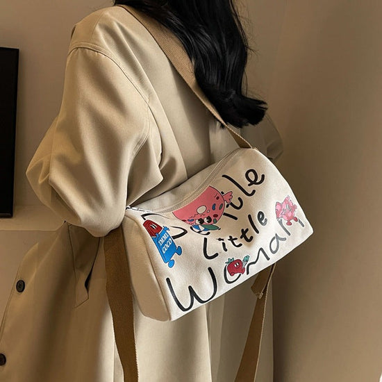 Cartoon Printed Letters Boston Canvas Bag off-white color