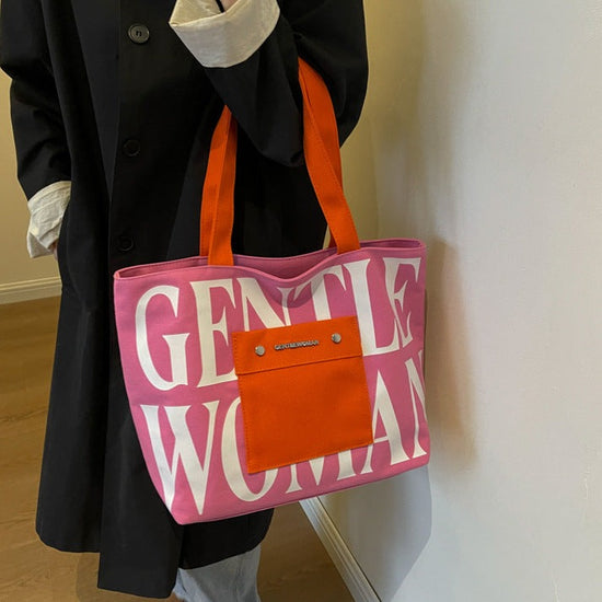 Large Capacity Letter Printed Tote Canvas Handbag Shoulder Bag in rose pink color with red
