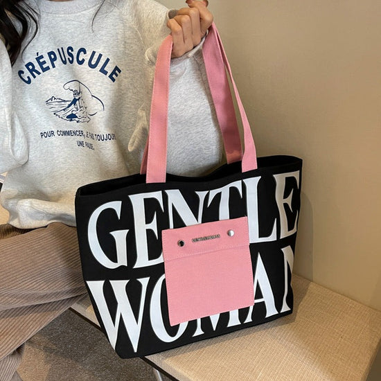 Large Capacity Letter Printed Tote Canvas Handbag Shoulder Bag in black with pink