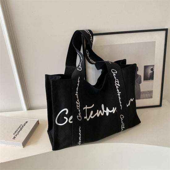 Large Letter Printed Canvas Shoulder Bag Black color