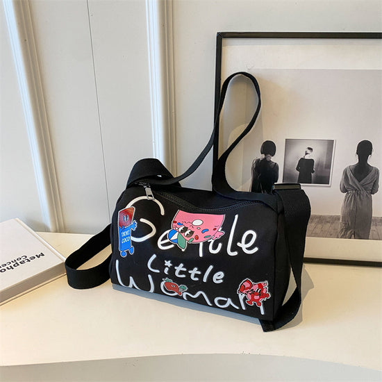 Cartoon Printed Letters Boston Canvas Bag Black color