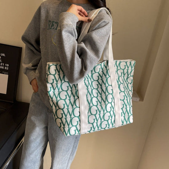 New Printed Casual Large Capacity Tote Shoulder Bag off-white with green print