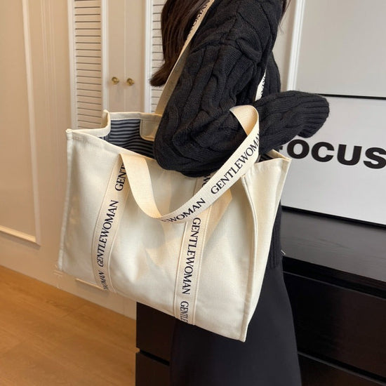 Letter Printed Tote Canvas Shoulder Bag Large Size in off-white color