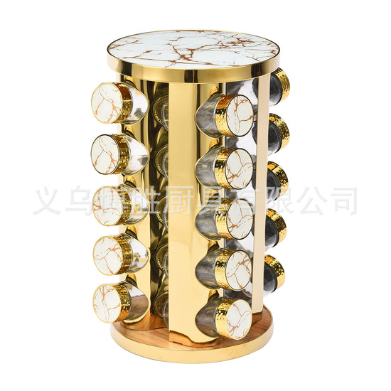 360 Rotating Spices Set, Gold Stainless Steel, Counter Top Glass - 20 Spice Jar