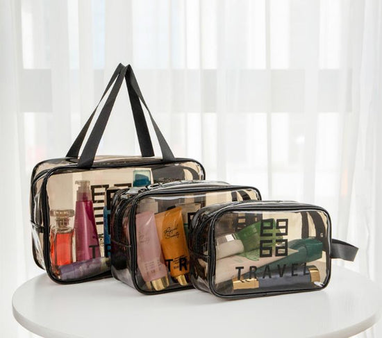 Makeup Pouch, PVC Black Transparent 3-piece Set, Large Capacity, Waterproof